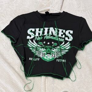 SHEIN Black Crop Top with Green Graphic Stitching